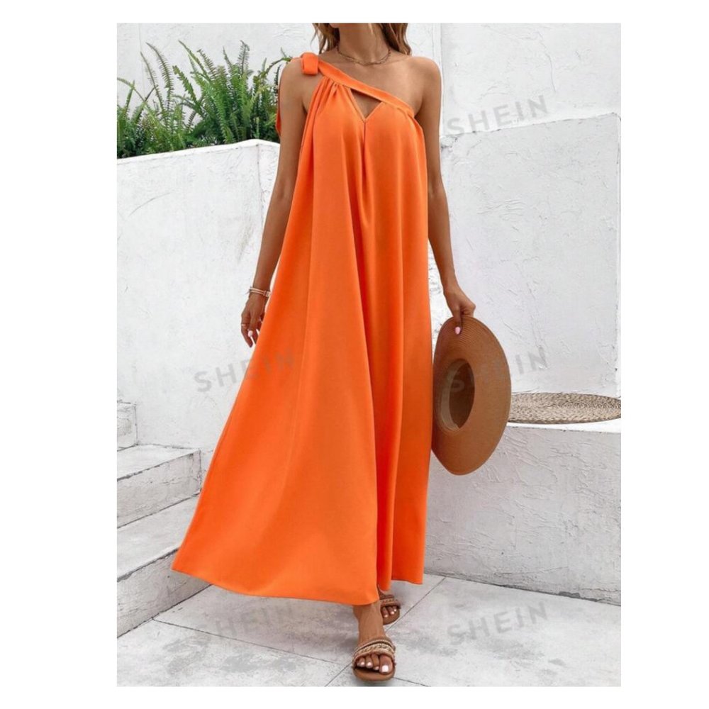 One Shoulder Maxi Sundress Mandarin Orange XL NIB - Picture 2 of 9